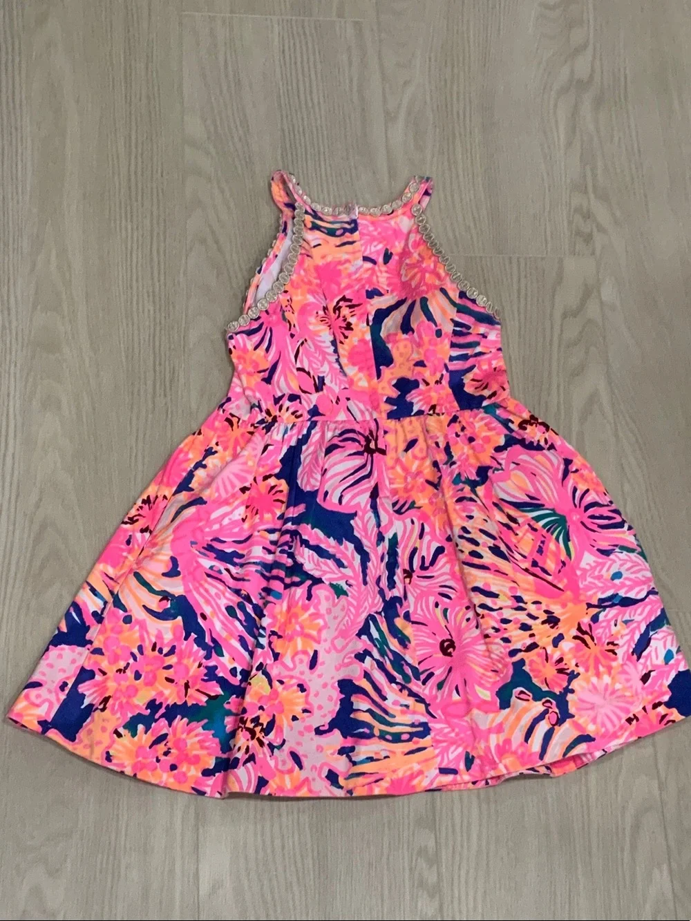 Girls' Lilly Pulitzer Pink Floral Halter Dress with Embellished Neckline